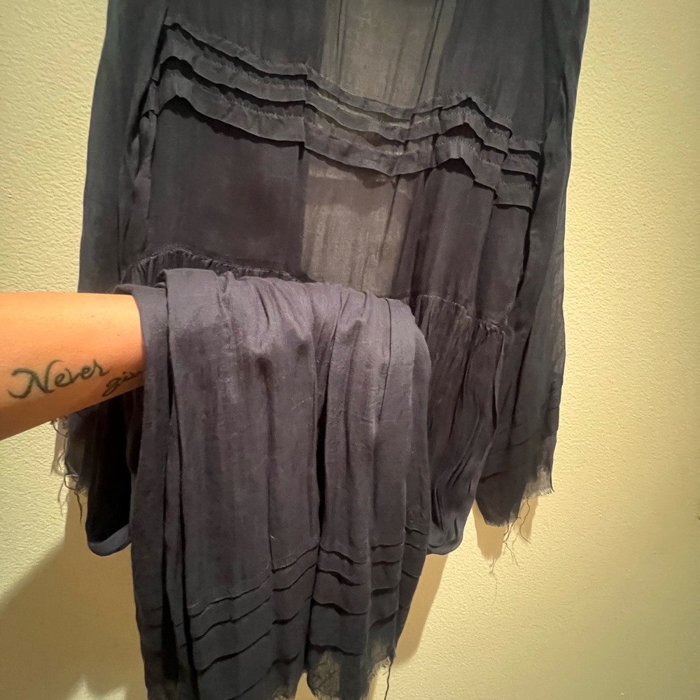Navy Long-Sleeve Pleated Maxi tied in front Cardigan - Picture 7 of 11